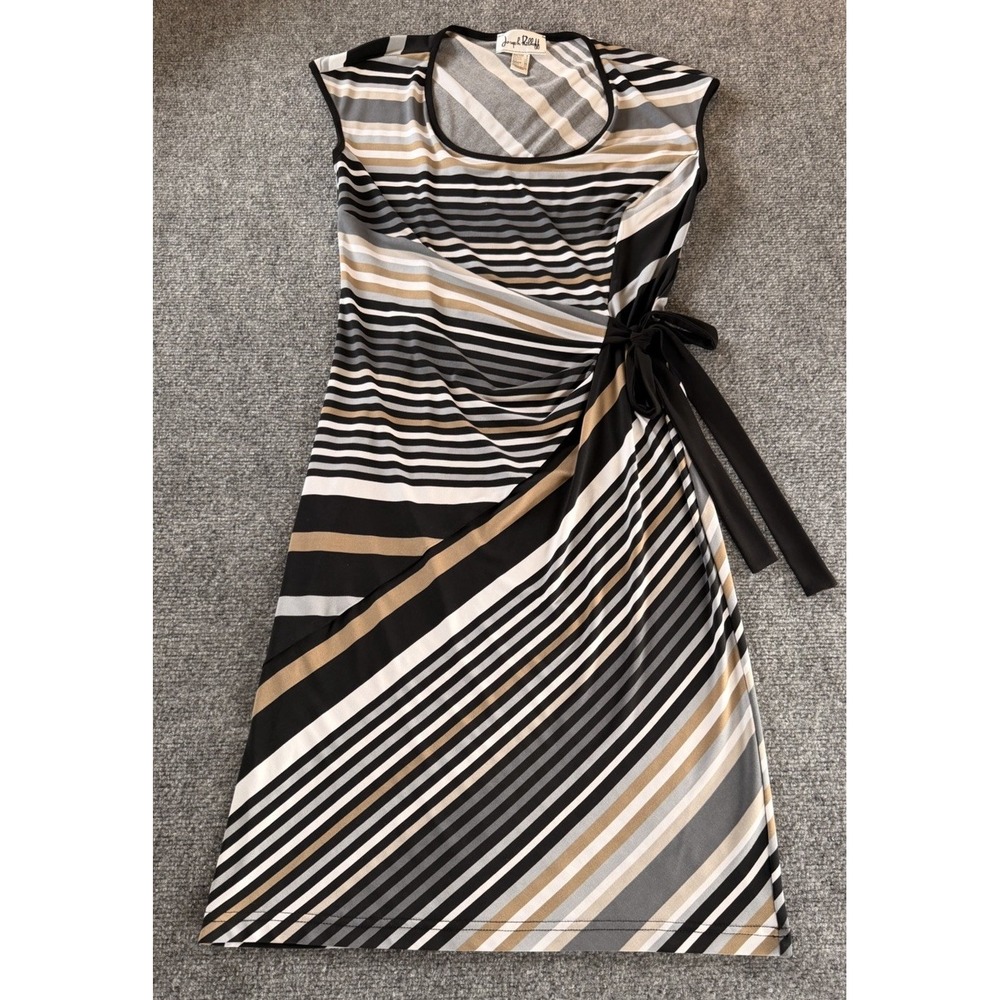 Joseph Ribkoff Striped Faux Wrapped Dress Size 6 Sleeveless, Belted, Multi Color